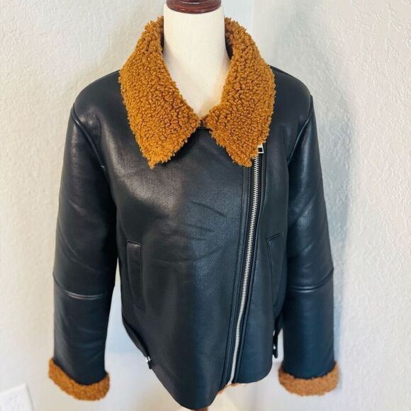 Rebecca Minkoff Faux Shearling Vegan Leather Moto Jacket, Black/Brown, Large NWT - Picture 9 of 16